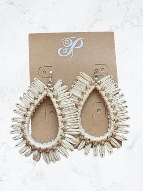 Plunder Beaded Teardrop Hoop Earrings Neutral Cream Set of Two NWT